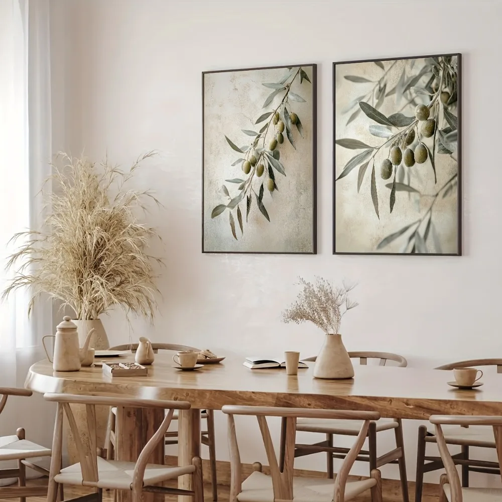 2pcs FramelessOlive Branch Canvas Prints,Olive Branch Paintings,Retro Mediterranean Plant Decor,Green Leaves and Olive Posters
