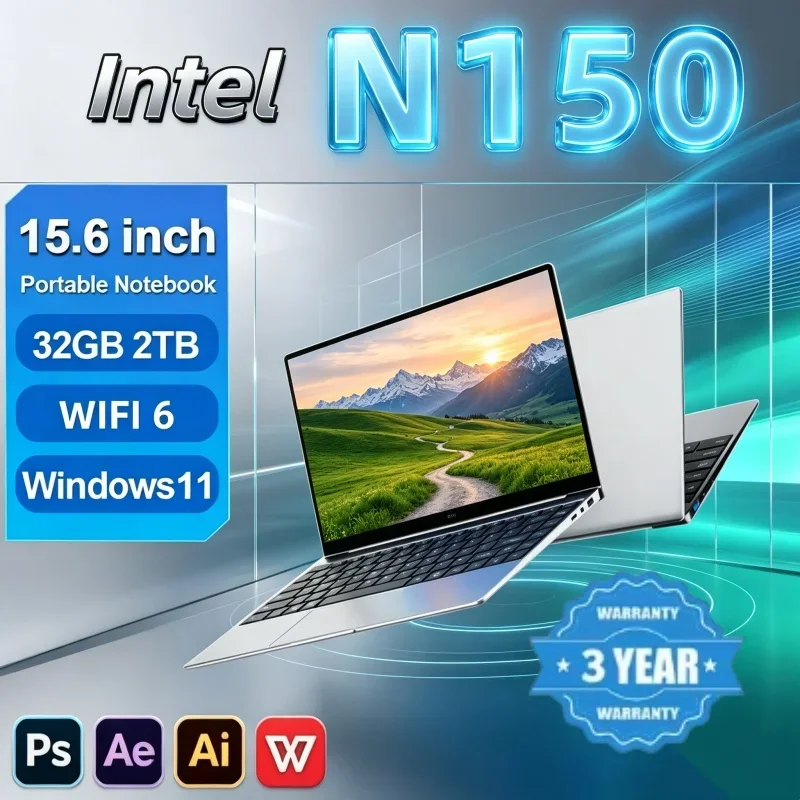 Intel Core N150 15.6 Inch Gaming Laptop 32GB RAM 2TB SSD Fingerprint Unlock WiFi 6 4K Ultrabook Pro Strong Throughput