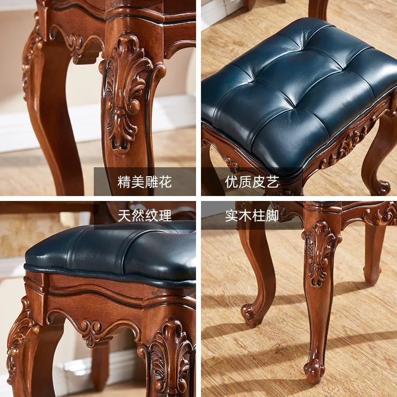 American Solid Wood Leather Vanity Stool, European Style Piano Bench, Carved Design for Bedroom, Home Decor, 426
