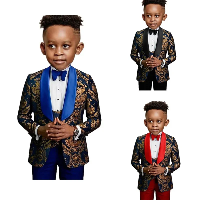 

2023 Black Boys Suits Children Kids Gold Floral Flower Shawl Lapel Costume Single Breasted Three Piece Jacket Pants Vest Wedding