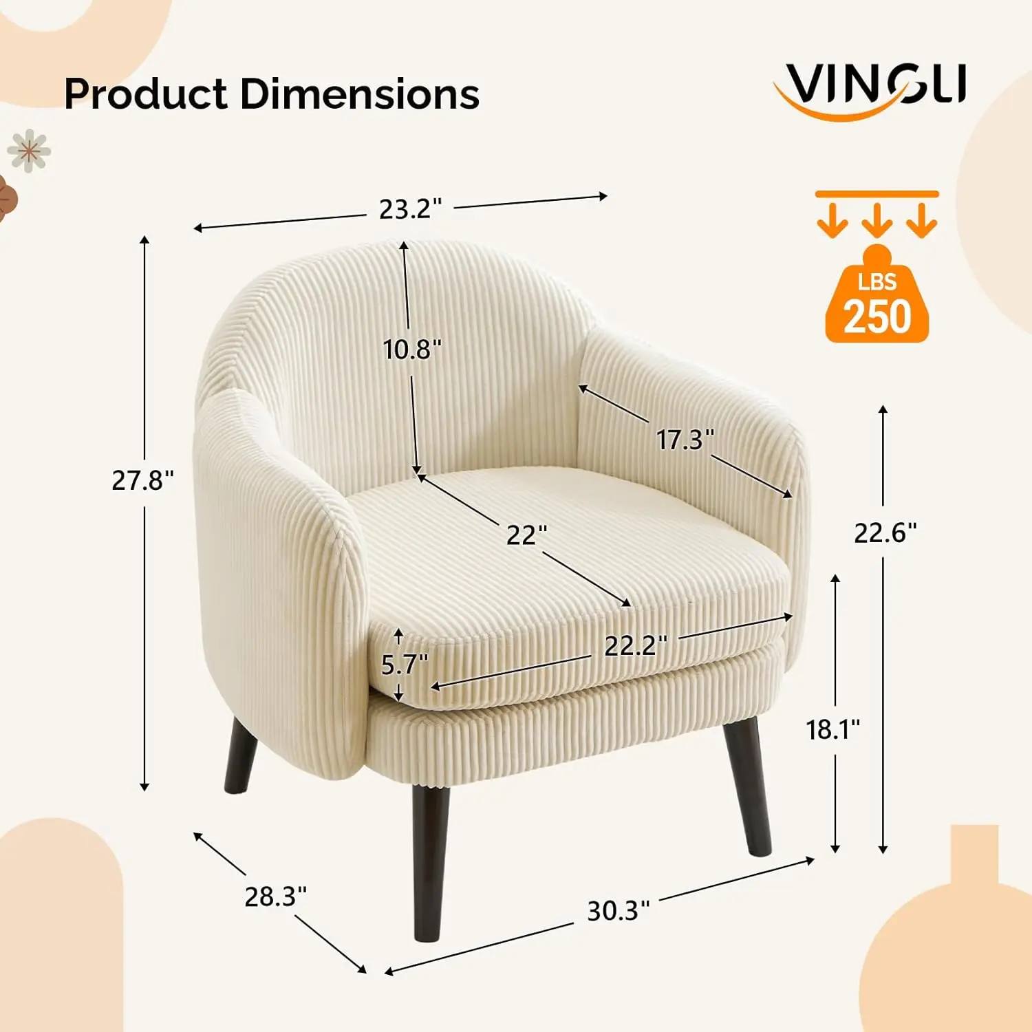 Modern Barrel Accent Armchair, Track Armrest, Wooden Legs, Upholstered Club Chair, Single Sofa for Living Room Bedroom, Corduroy