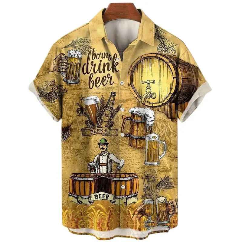 Camisetas de manga corta con estampado 3D de cerveza para hombre, camisas de playa hawaiana Harajuku, estilo de vacaciones de verano, Tops de un solo pecho, camisas de solapa