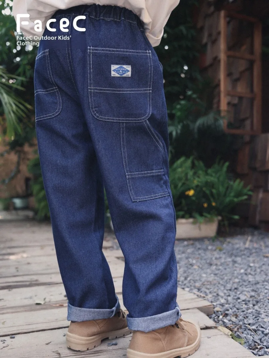 Facec Pure Cotton Outdoor Boys Work Pants Loose Straight Leg Spring Autumn New Style Large Pocket Children's Clothing