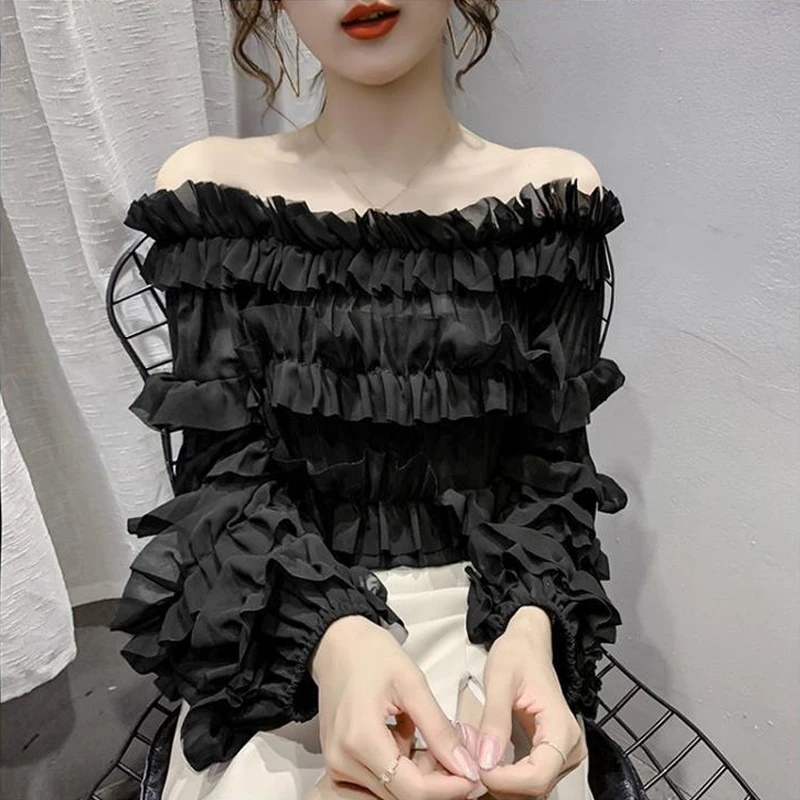 2023 Spring Summer New Fashion Sexy Off Shoulder Ruffle Elegant Chic Sweet Blouse Top Women Black White Slim Long Sleeve Shirts