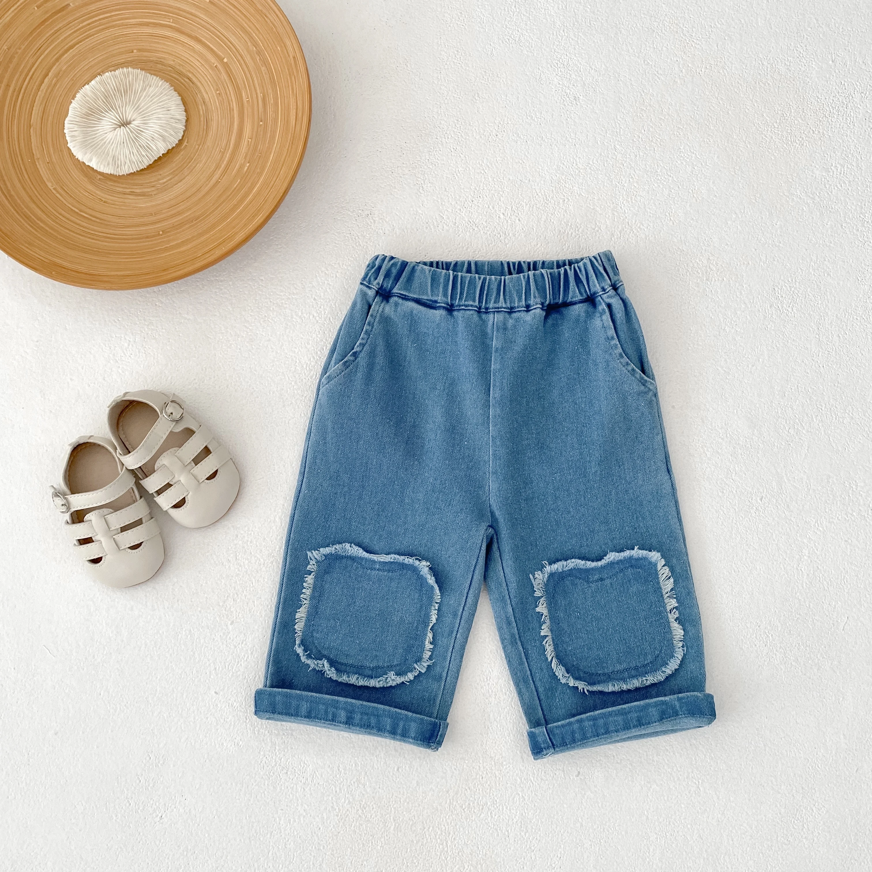 

New autumn clothing for babies aged 0-3, jeans for boys and girls, patched denim pants