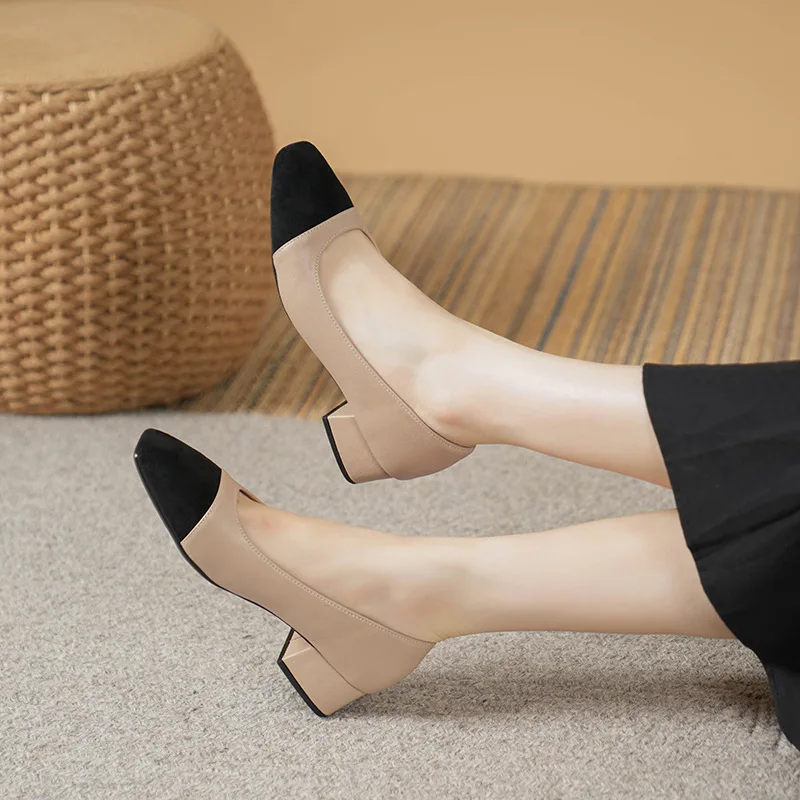 Women's Heels Single Shoes Elegant Square Toe Thick Heels Zapatos Mujer Fashion Color Blocking Shallow-Mouth Office Work Shoes