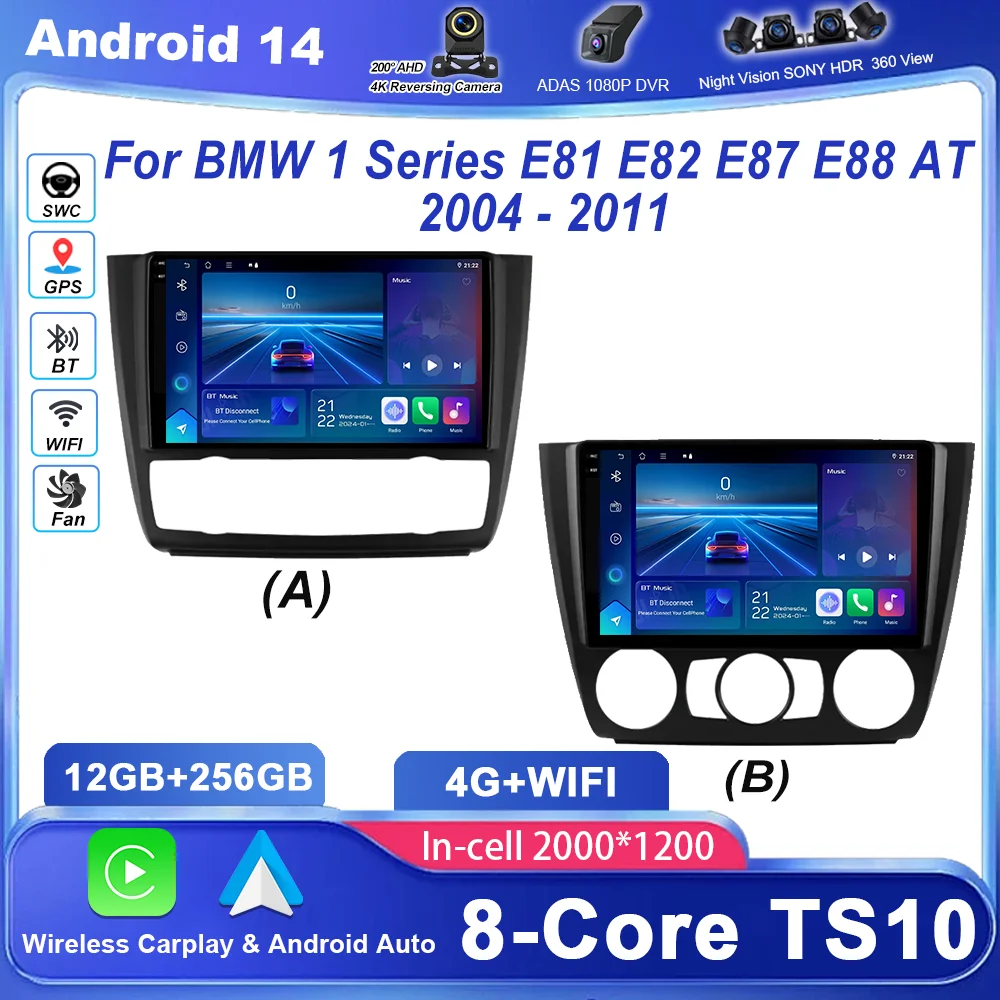 Android 14 Radio Stereo For BMW 1 Series E81 E82 E87 E88 AT 2004 -2011 Car Multimedia Player GPS Navigation QLED Screen NO Din