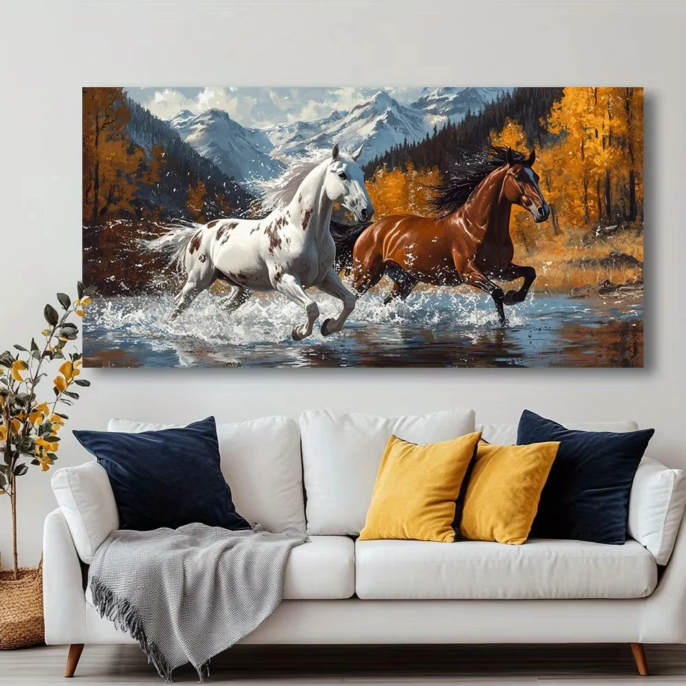 Animal White and Brown Horse Canvas Painting Two Galloping Horses Poster and Prints Wall Art Picture for Living Room Home Decor