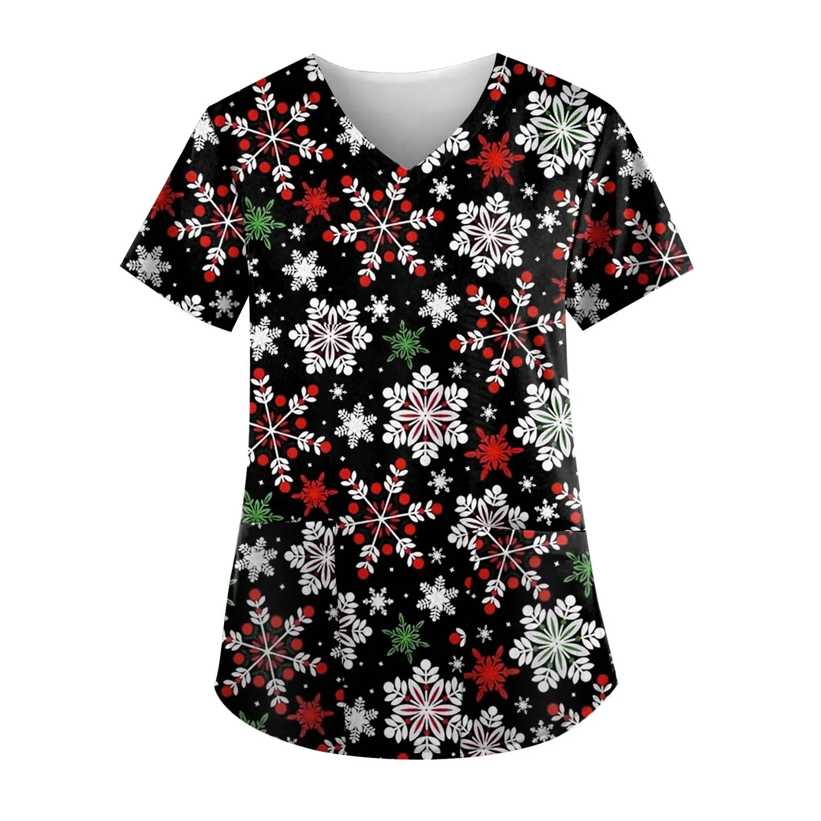 Christmas Holiday 2025 New Clothing Snowman Snowflake Reindeer Print Fashionable High-Quality Scrubs Top Short Sleeve V-Neck Poc