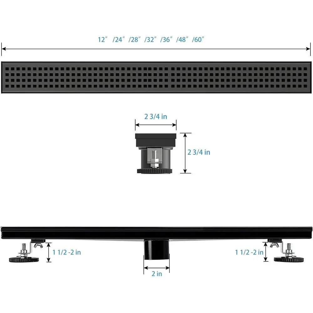 24 مصفاة دش خطية سوداء غير لامعة مع شبكة قابلة للإزالة ومصفاة شعر، من الفولاذ المقاوم للصدأ قابل للتعديل