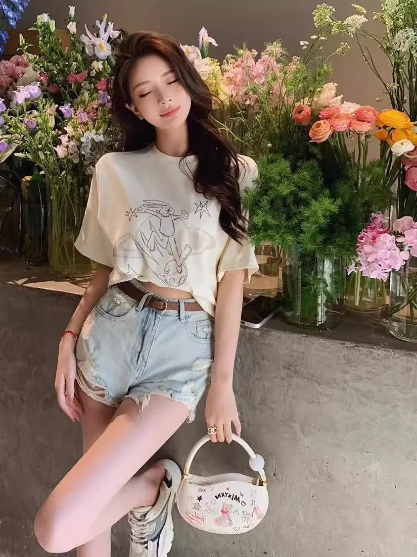 

High Waist Distressed Denim Shorts Women's Summer Thin Loose Hot Pants A-Line Irregular Washed out Shorts Slimming Three-Quar...