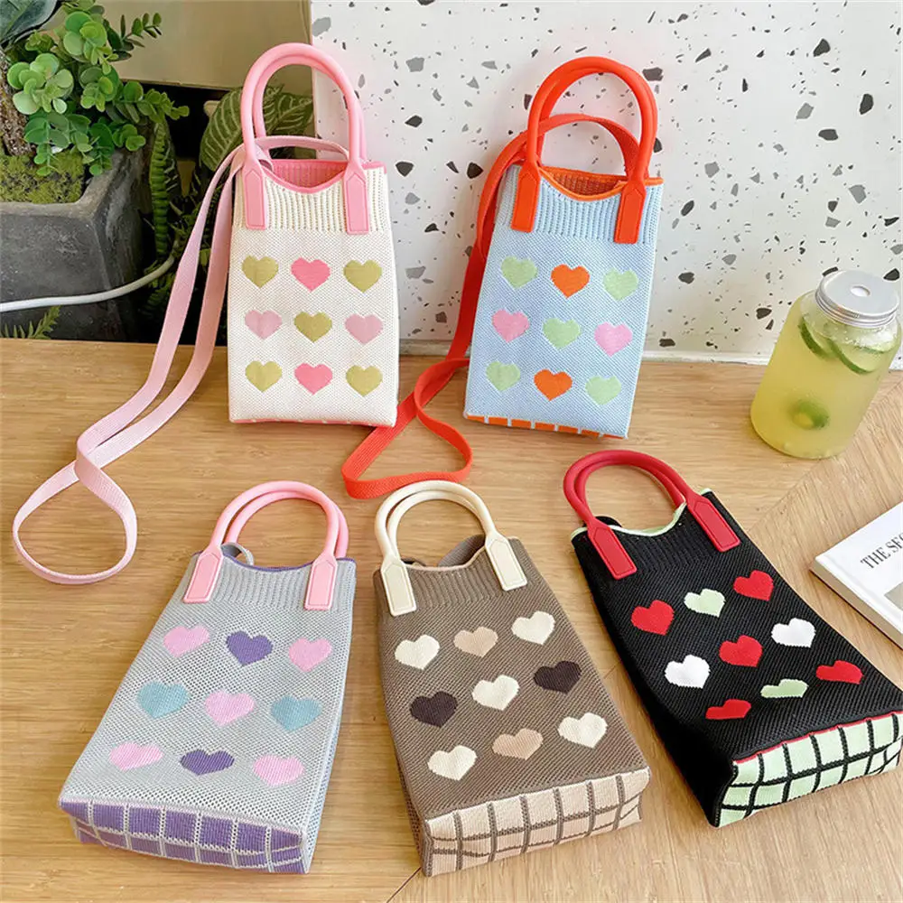 Korean Knitted Phone Bags Creative Heart Knitting Shoulder Bag Handbag Women's Girls Shopping Bags For Key Mobile Phone Storage