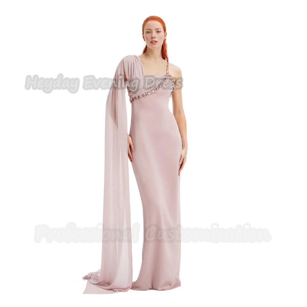 

Heyday One Shoulder Saudi Straight Prom Gown Sexy Beaded Crepe Short Sleeves Floor Length Elegant Dress For luxurious Woman 2024