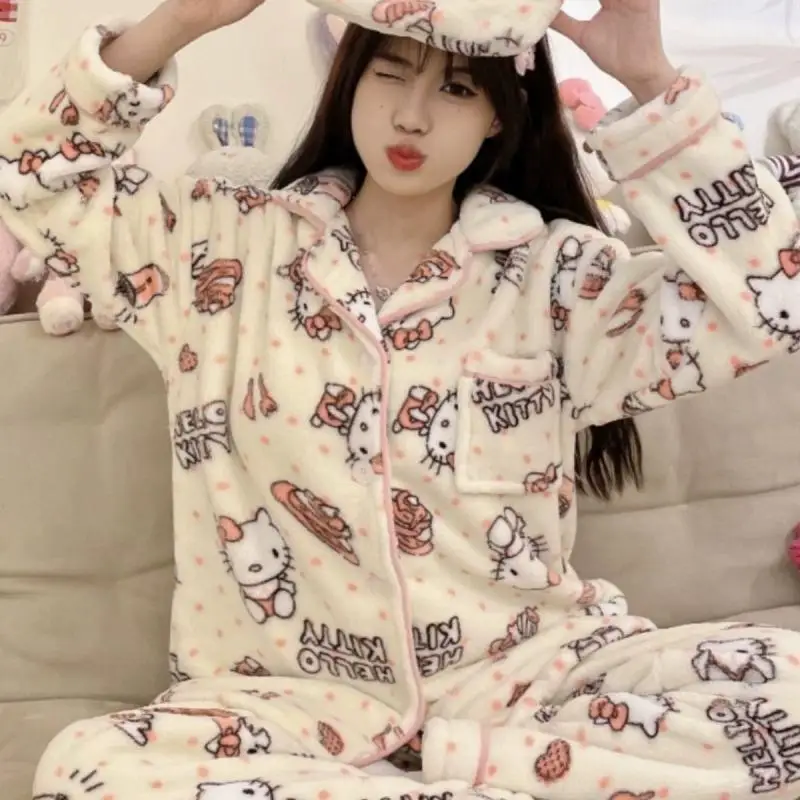 Sanrioed Cute Hello Kittys Coral Fleece Plush Pajamas Set Women\'s Autumn Winter Pijama Thickened Flannel Home Furry Set Clothes