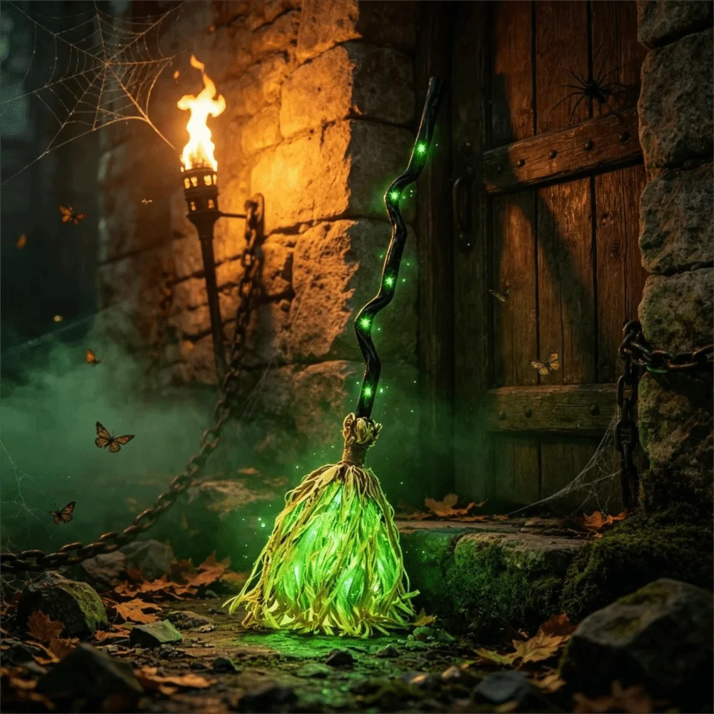 Glowing Animated Dancing Witch Broom with Sounds Bendable Stick Halloween Magic Witch Broomstick Walking Feet Movable