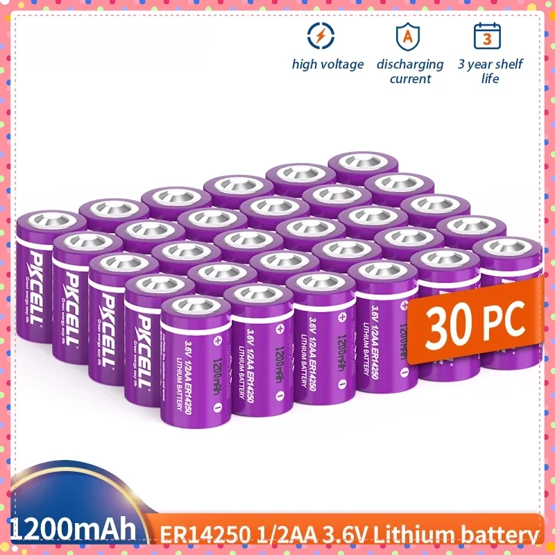 30PCS For PKCELL 3.6V 1/2 AA ER14250  lithium battery Non-rechargeable batteries gas meter , Toy  Alarm Window Sensor cell