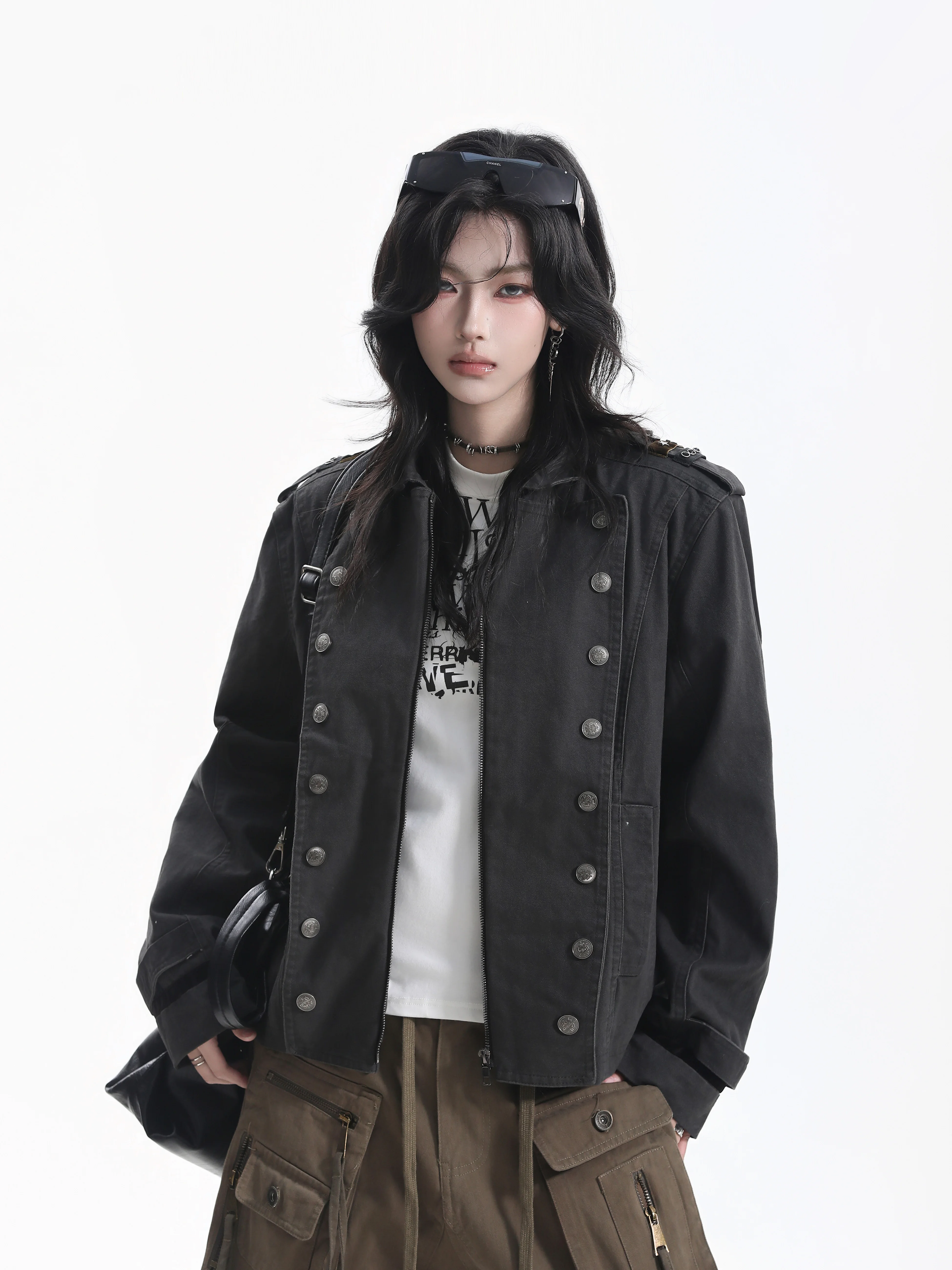 Retro American Workwear Jacket Short Style Stand Collar Women's Double Button Shoulder Strap Couple's Jacket Cotton Material