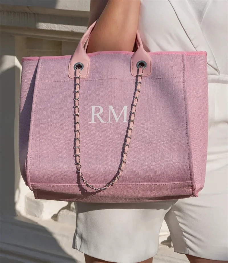 

Baby Pink Monogram Canvas Tote Bag Custom Name Initial Bag Birthday Gift Chain Tote Bag Personalised Wedding Bride HandBag