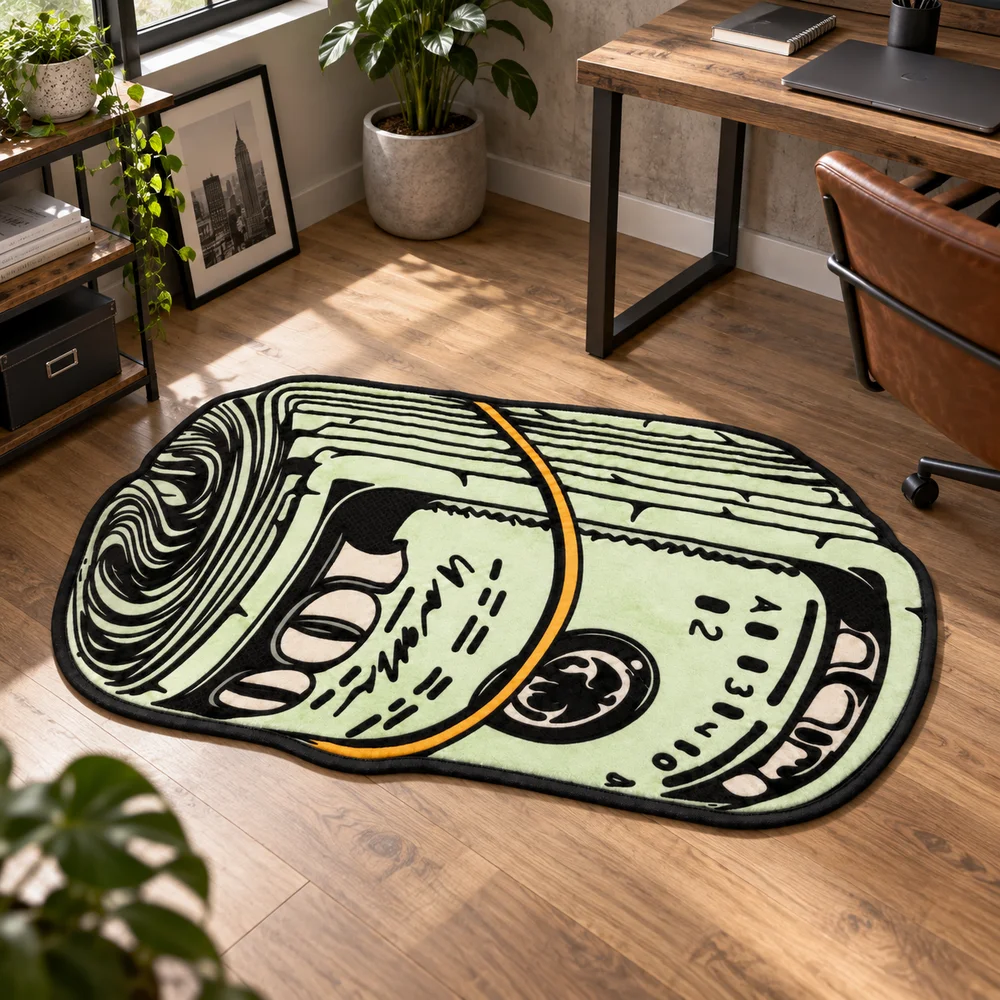 Rolled Money Bill Shaped Area Rug Soft Flannel Non Slip Floor Mat For Office Game Room Bedroom Home Decor Cool Novelty Gift