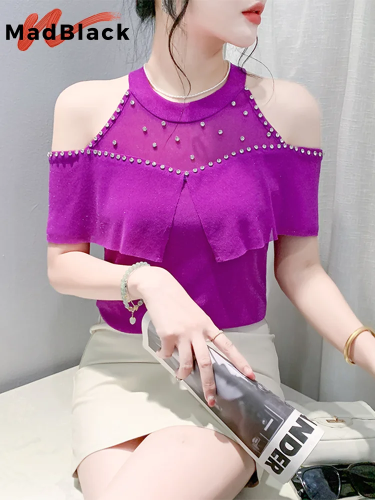 

MadBlack European Clothes Tshirts Women Sexy Hollow Out Hot Drill Slim Mesh Tops Short Sleeve Tee Summer New 2024 T45553JM