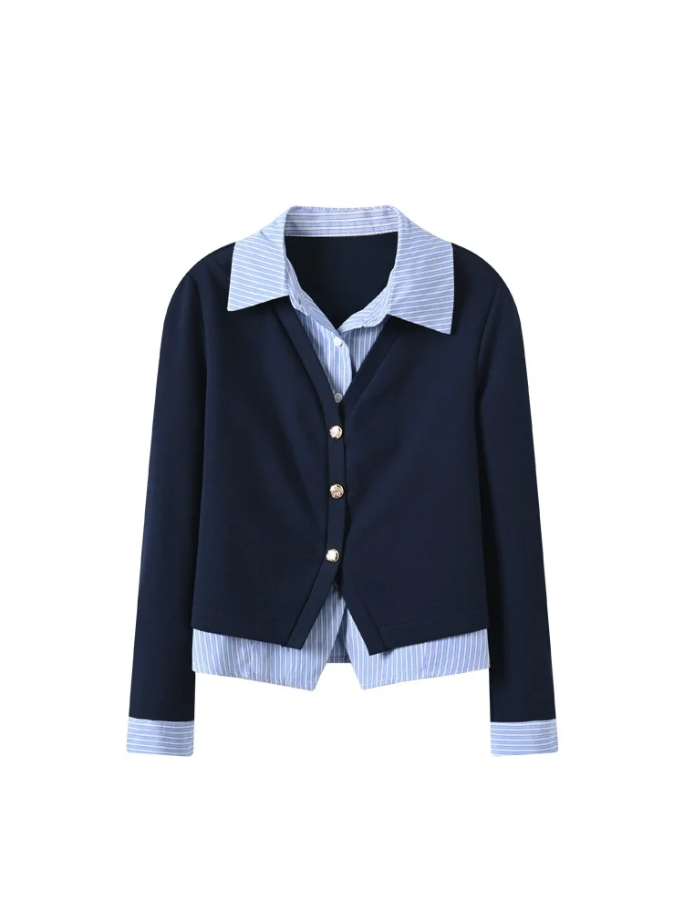 

Loose Long Sve Women's irt Autumn Winter New Sle College Sle plus Size Faionable Fake Two-Piece Top for Plump Sister