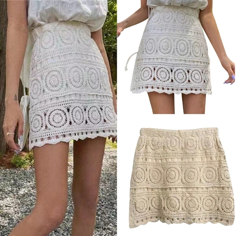 

Women Hollow Out Crochet Knit Mini Skirt Lady Summer Boho Geometric Pattern High Waisted Beach Vacation A-Line Skirt with Lining