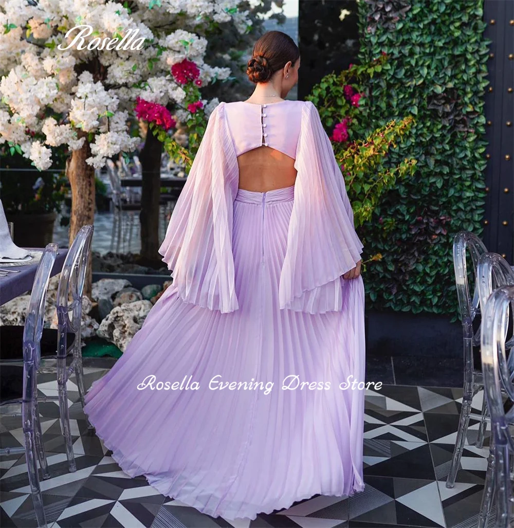 ROSELLA Elegant Classic V-neck A-line Long Flare Sleeves Floor Length Blackless Women Evening Dress Pleated Prom Gown New 2023