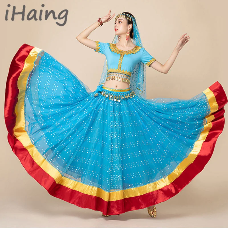 Adult Indian Belly Dance Tops Skirt Costume Uniform Women Arabic Sari Halloween Bollywood Bellydance Rave Party Dress Up Outfit