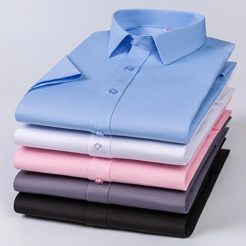 

summer thin short sleeve shirts for men elastic solid plain shirt slim fit formal shirt business office clothes
