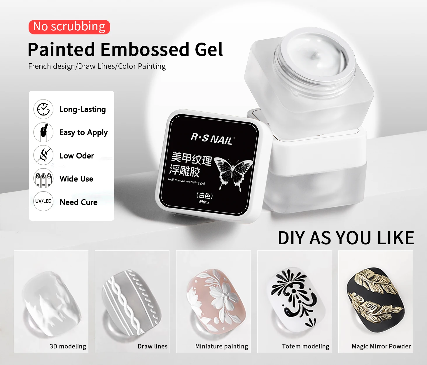RSNAIL 5g Textur Geprägter Gel Nagellack 3D Schwarz Weiß Nail Art Gips Gips Zeichnung Malerei Schnitzgel DIY Maniküre Werkzeug – Detail 1