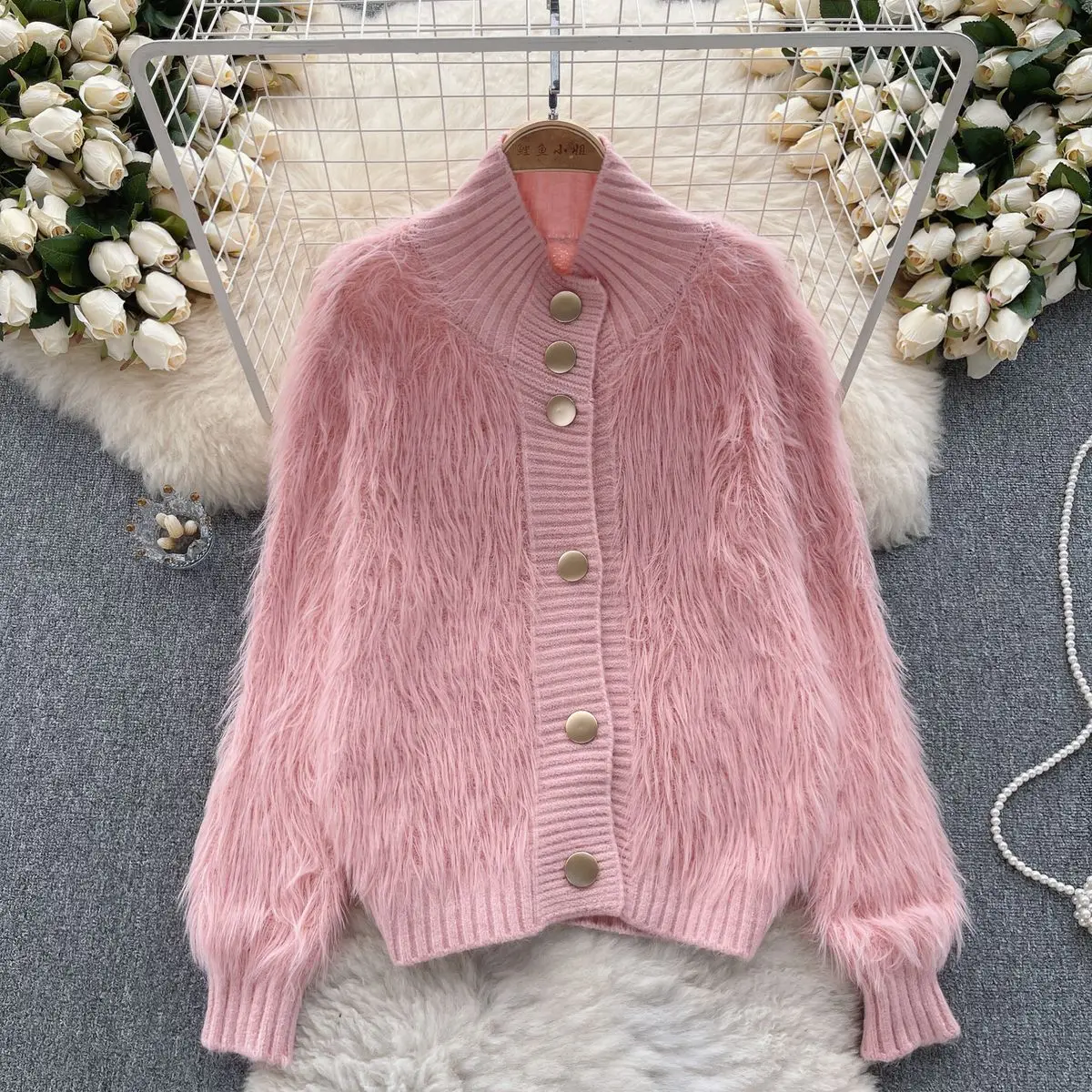 

Autumn Winter Warm Knitted Cardigan Women's High Quality Soft Single-breasted Lantern Sleeve Mohair Sweater Coat Knit Outwear