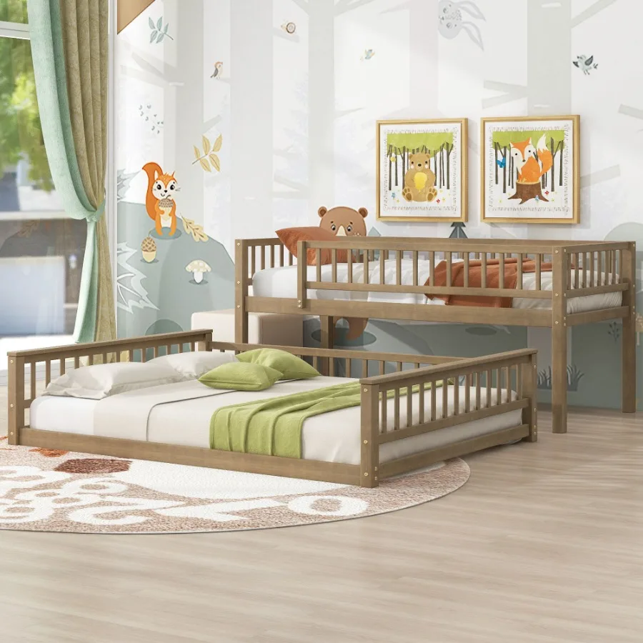 Twin XL over Queen Bunk Bed with Ladder and Guardrails Walnut