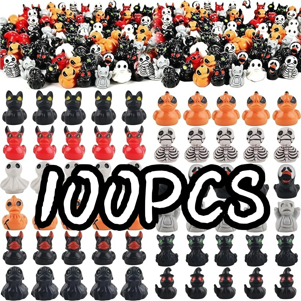 10/100pcs Halloween Mini Ducks Figurines Devil Ghost Skull Resin Tiny Spooky Statues Bulk Set for Party Festive Favor Decor Gift