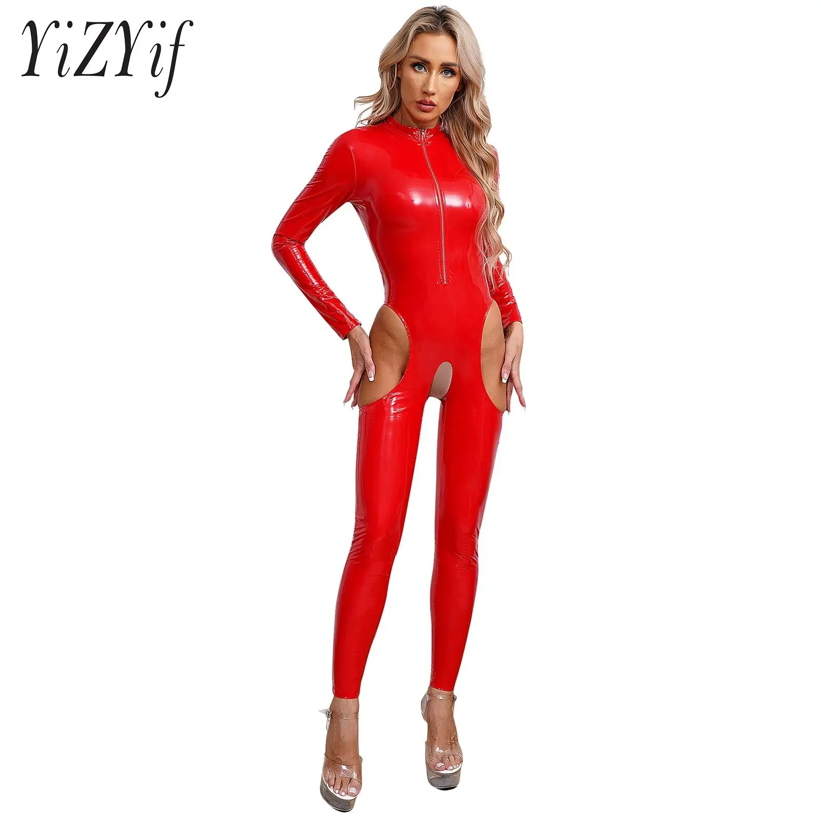 

Women Sexy Cutout Crotch Patent Leather Jumpsuit Zipper Stand Collar Crotchless Catsuit Wet Look Long Sleeve Bodysuit Clubwear