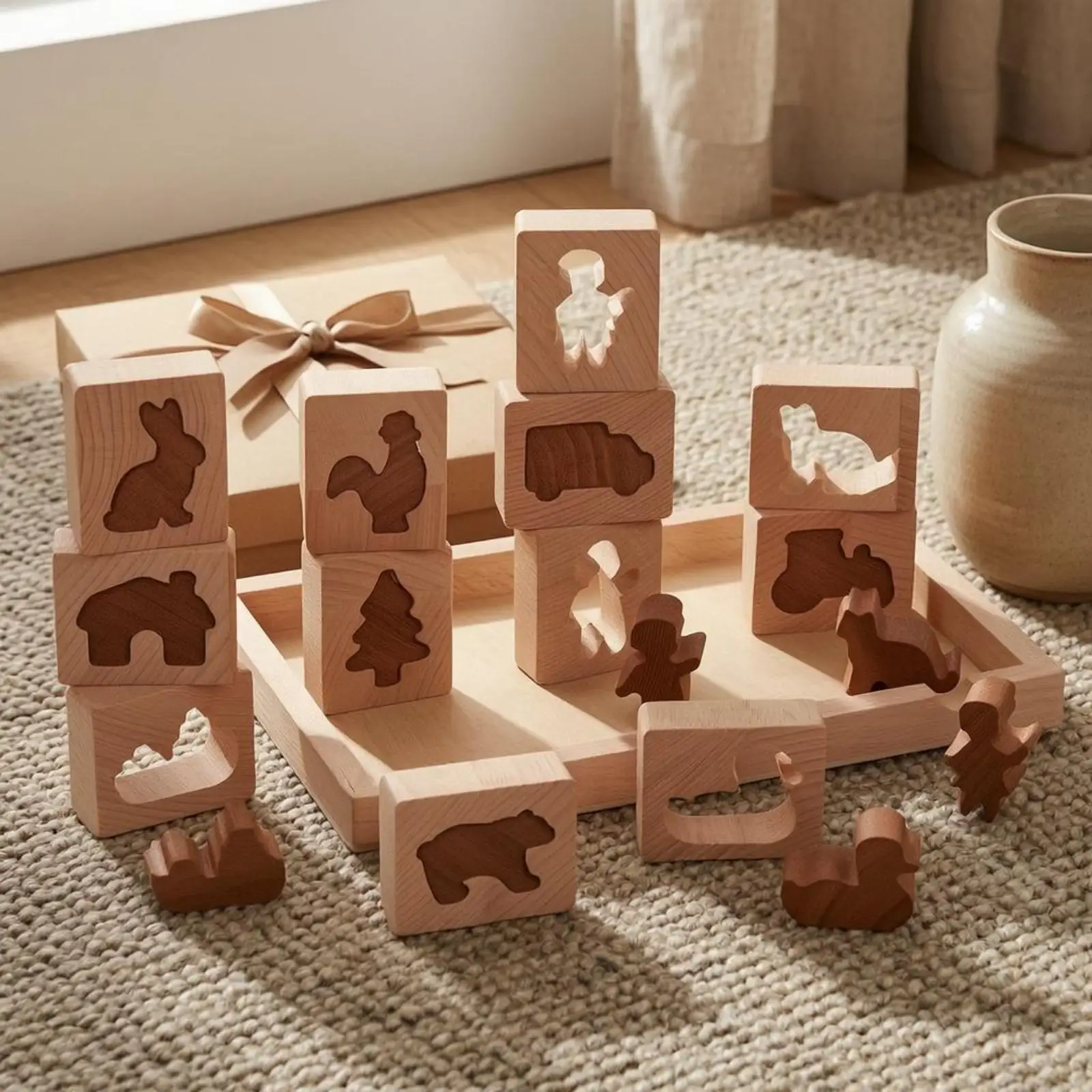 Wooden Animal Puzzle Tray Smooth Edges Shape-Matching Game Fine Motor Skills Wooden Animal Puzzle