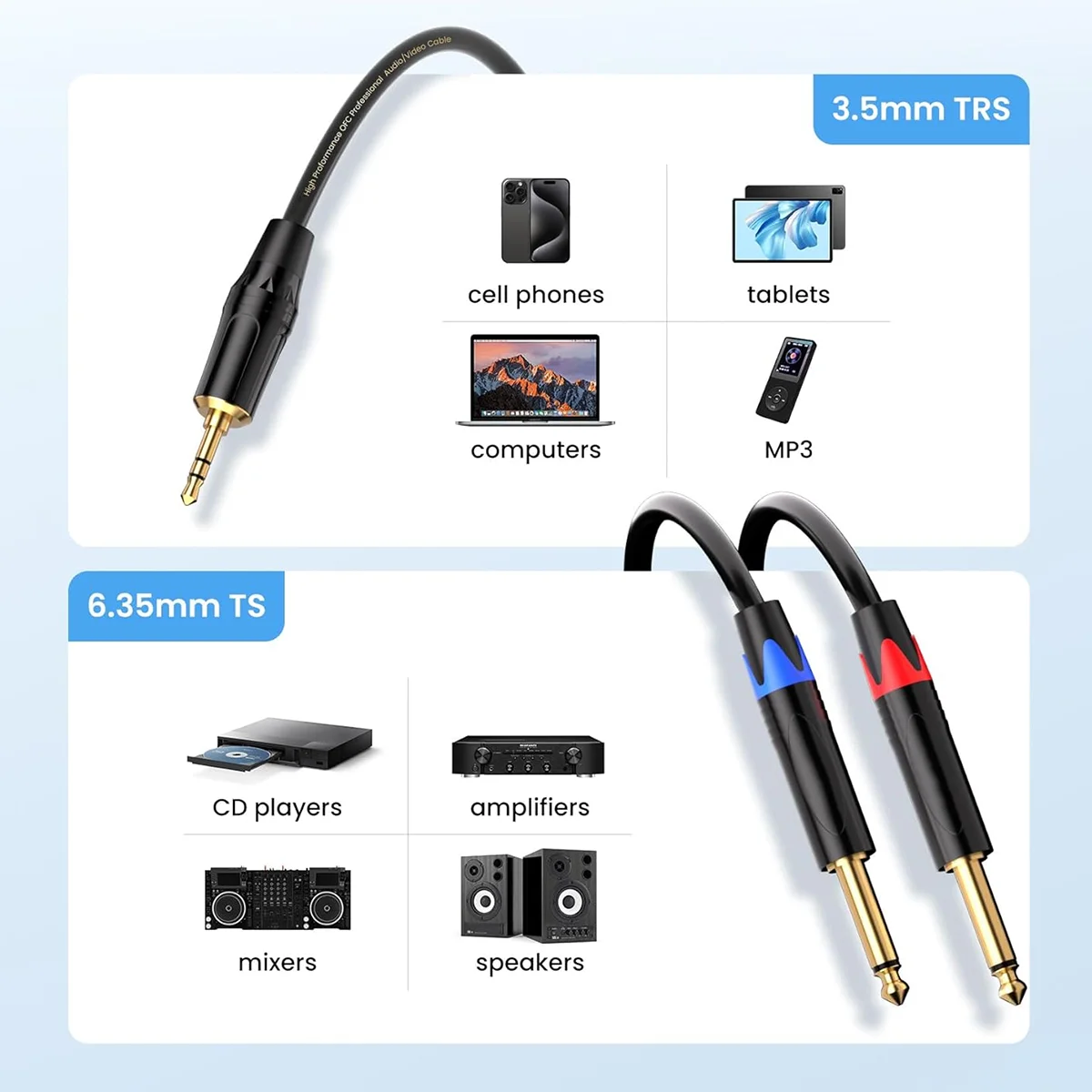 3.5 إلى 6.35 كابل ستيريو 1/8 بوصة TRS ستيريو إلى مزدوج 1/4 بوصة TS أحادية Y-الفاصل كابل 3.5 مللي متر Aux مقبس صغير إلى جاك اندلاع الحبل