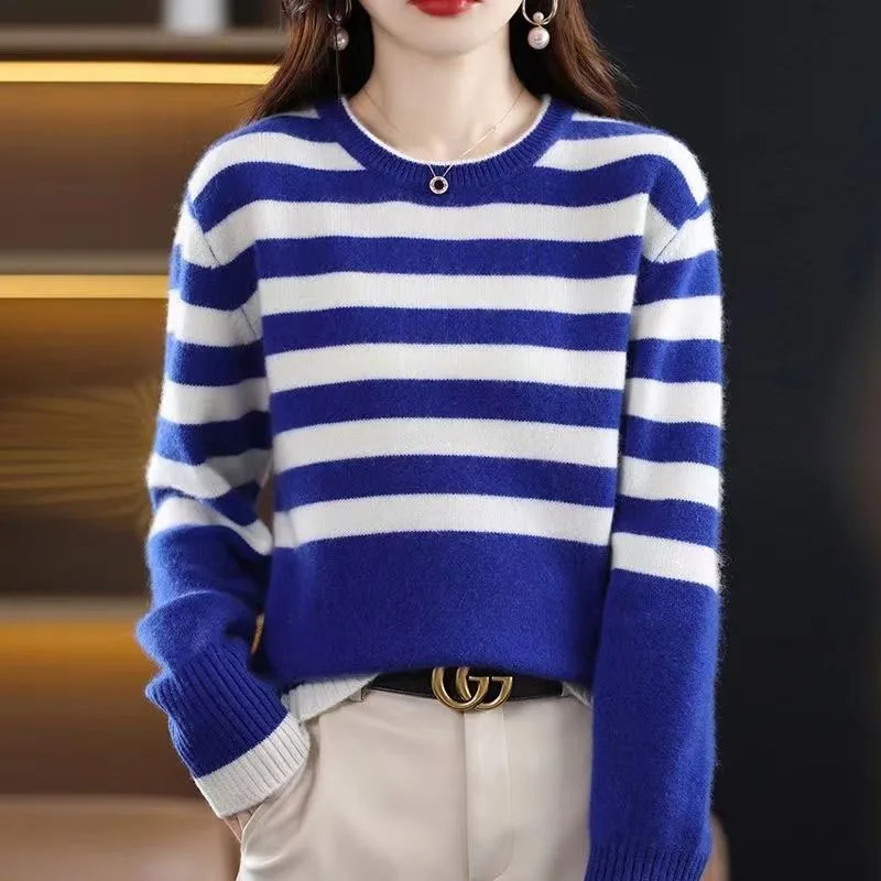 New Autumn and Winter Fashion Lazy Style Colorblock Stripe Round Neck Loose and Versatile Western Style Slim Women's Sweater