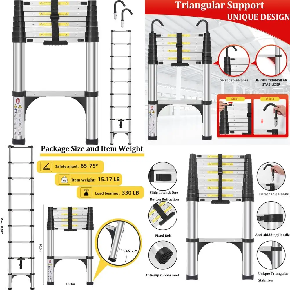 

Aluminum Telescoping Extension Ladder 8.5 Feet, Lightweight with Dual Triangle Stabilizers, Detachable Hooks, Safety Lock Featur