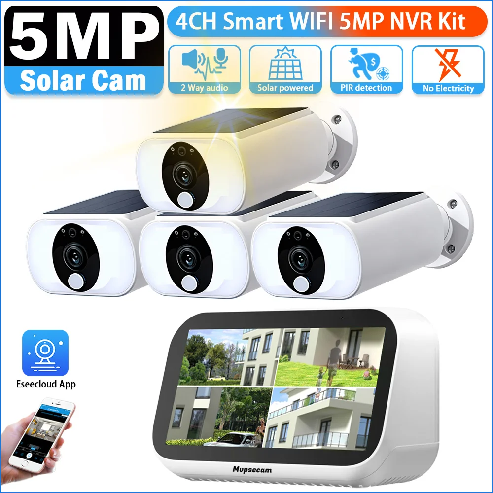 

2 Way Audio 5MP 4CH 4.3 Inch LCD NVR CCTV Kit Outdoor Waterproof Solar Wifi Bullet Camera Security Surveillance System 4CH Set
