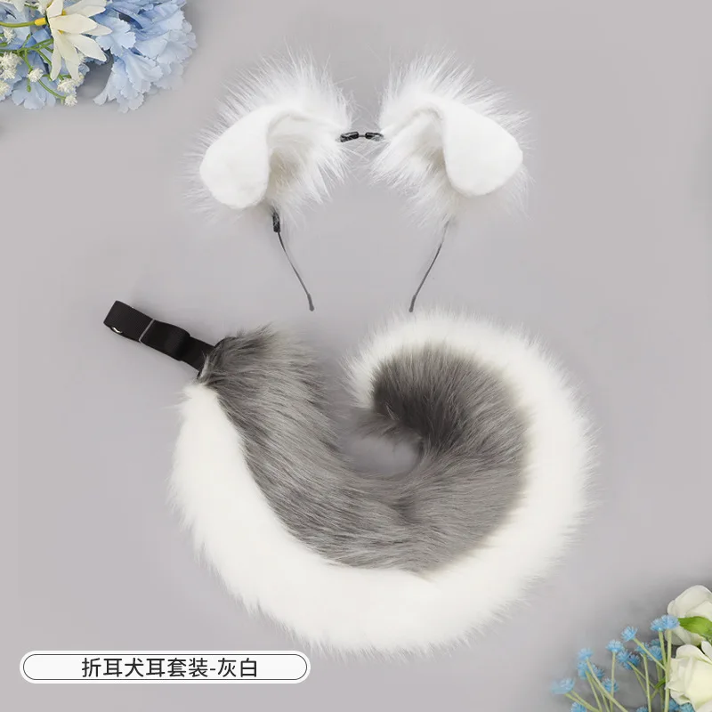 Funny Handmade Plush Spotted Dog Animal Ear Headband Rolled Tail Accessory L55cm Cosplay Party Halloween Props