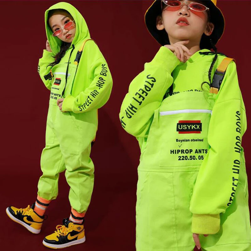 Costumes de danse jazz pour filles et garçons, vêtements de salle de Rh, vêtements hip hop pour enfants, sweat à capuche décontracté vert, bavoir Y-adt