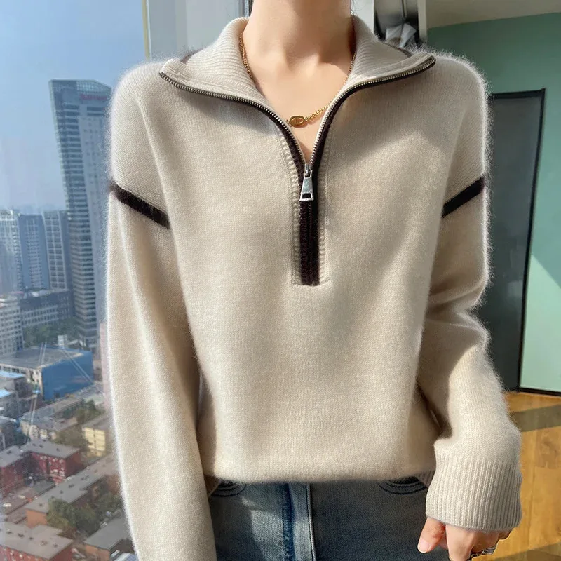 

100% pure sweater women's new half-open high-necked zipper color matching knit lazy long-sleeved sweater loose wool bottoming sh