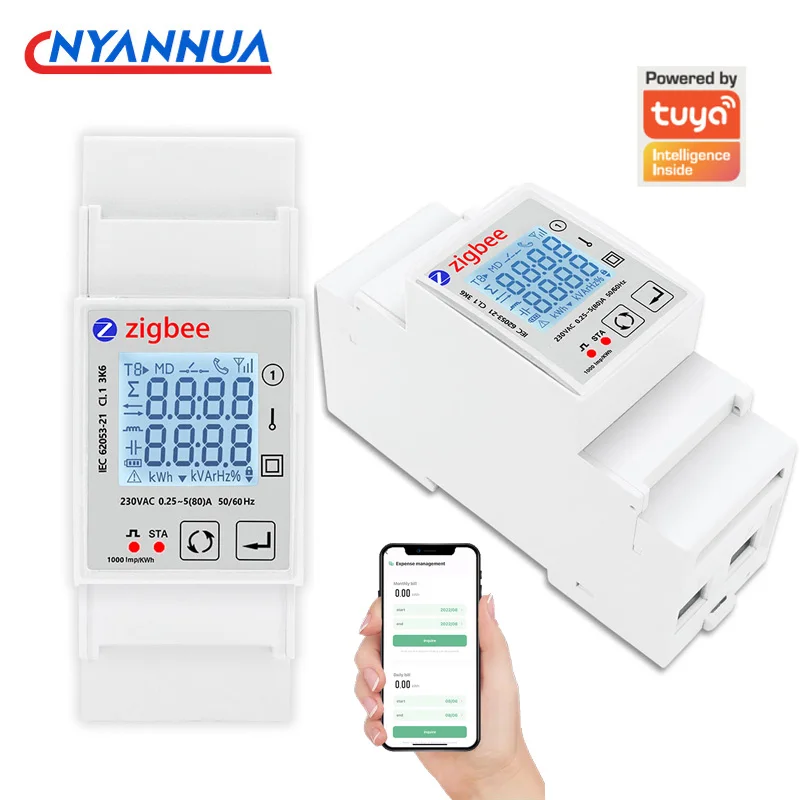 Tuya Smart Zigbee Energy Monitor Meter Single Phase 80A Din Rail Power Meter Whole House KWh Wattmeter 1PC