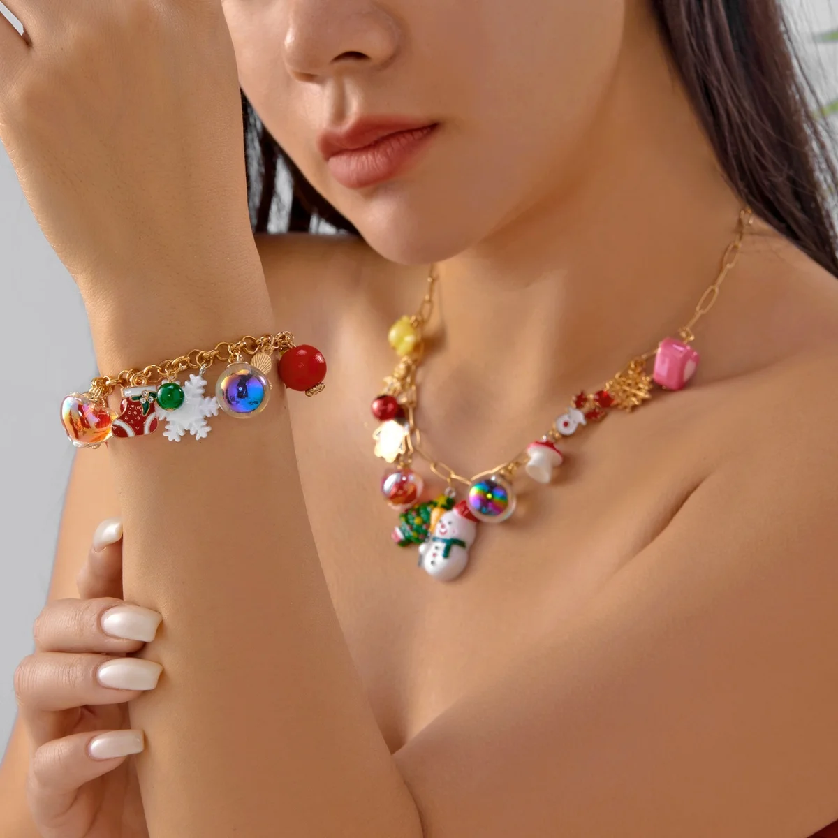 Weihnachten Urlaub Schmuck Set Schneeflocke Lebkuchen Socke Schneemann Baum Harz Herz Erdbeere Halskette Armband Set Für Frauen Männer