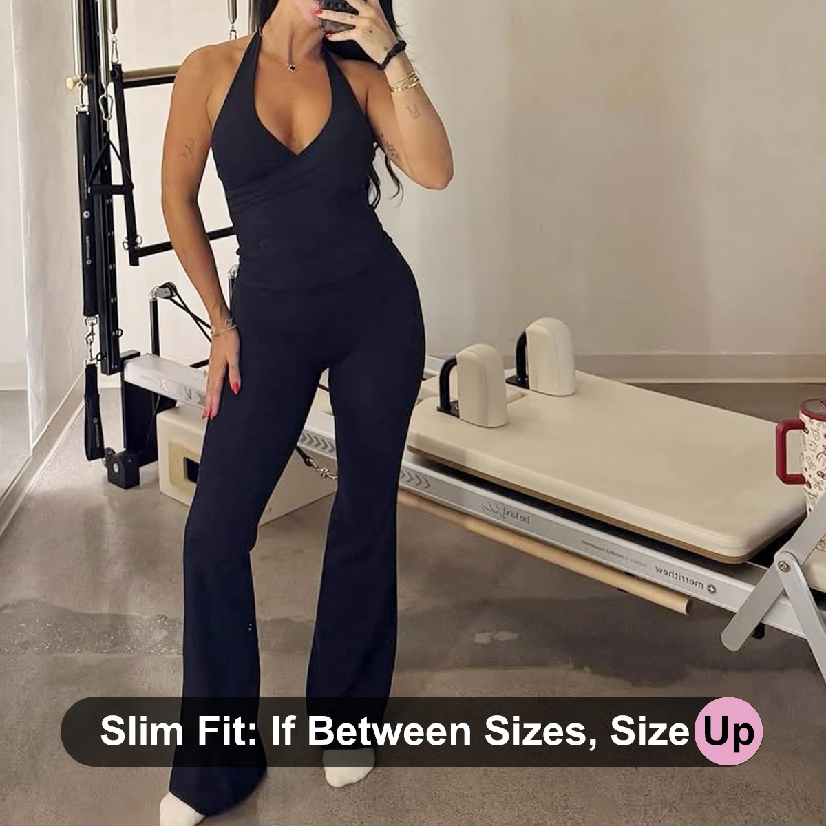CSB Flare Legging Set com decote em V Halter Top com sutiã embutido e leggings de cintura alta Conjunto de ginástica Roupas de ginástica fitness