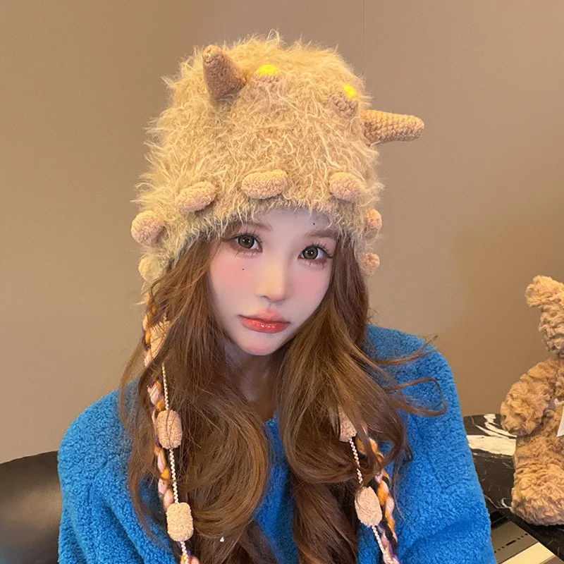

Ladies' Pullover Hats New Autumn Winter Kawaii Cartoon Cute Sweet Funny Knitted Hats Ear Protection Warm Plush Hoodies For Girl