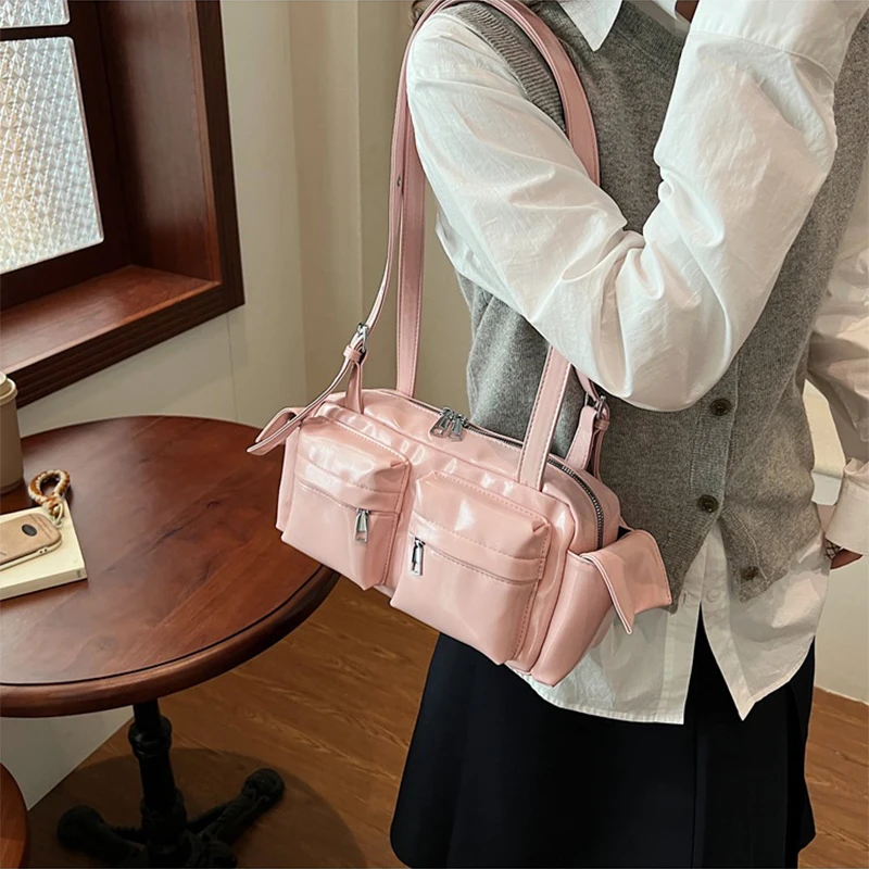 

Summer New Y2k Girls Double Pocket Shoulder Bag Korean Style Versatile Large Capacity Armpit Bag Solid Color Pu Leather Handbag