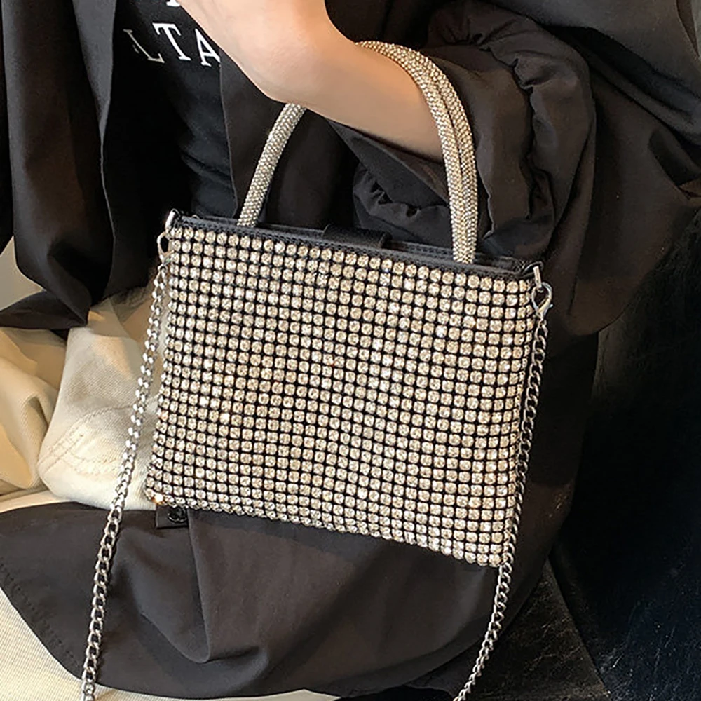 

Summer Shiny Diamonds Square Chain Crossbody Bag Women Small Silver Trendy Blingbling Buckle Banquet Party Handbag Shoulder Bags