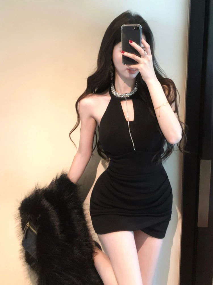 Vestidos Mujer Vestido Elegante Sin Mangas Halter Delgado Rhinestone Ahueca hacia fuera Slim Fruncido Vintage Fiesta Mini Vestidos Sexy Ladies Club