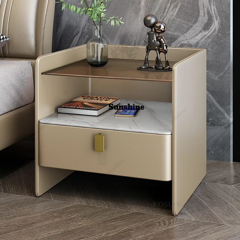 Nordic Microfiber Leather Bedroom Nightstands Modern Minimalist Bedside Tables Light Luxury   Password Storage Cabinets N